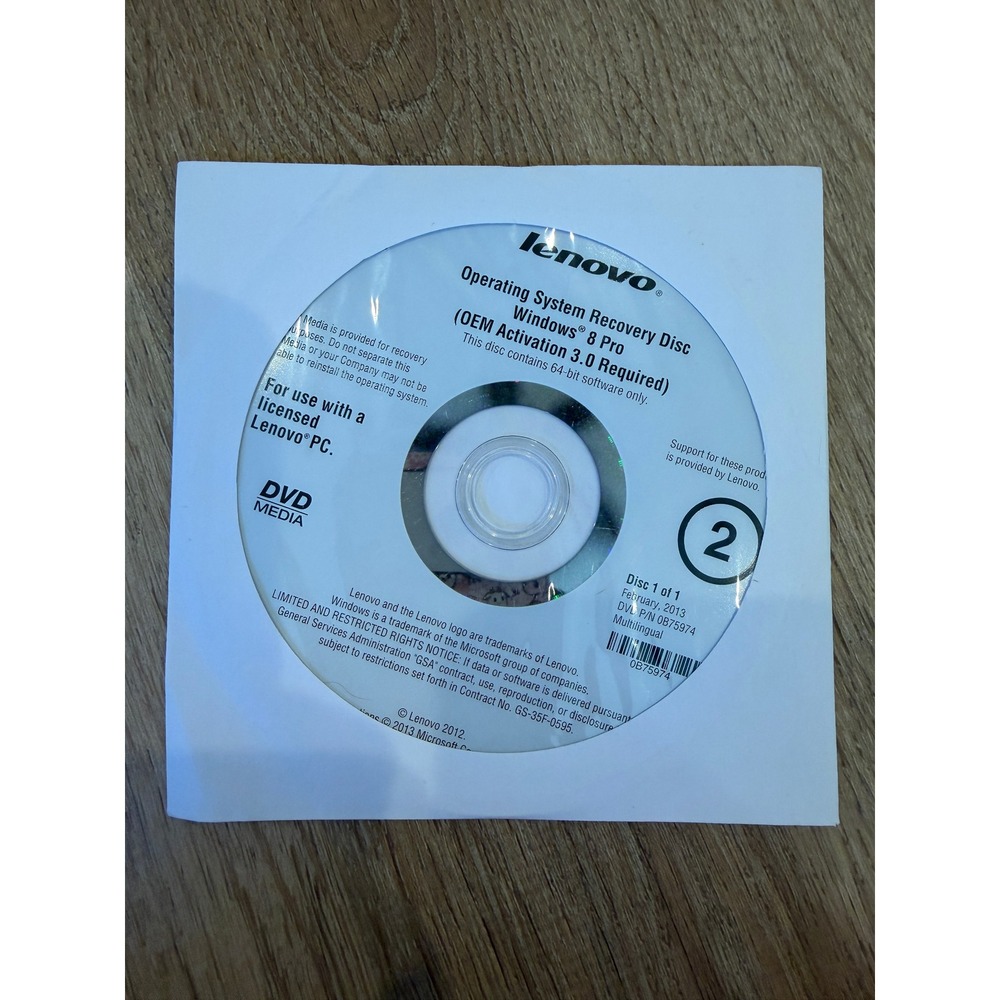 Lenovo Windows 8 Pro 64-bit Operating System Recovery Disc OEM P/N 0B75974 2013
